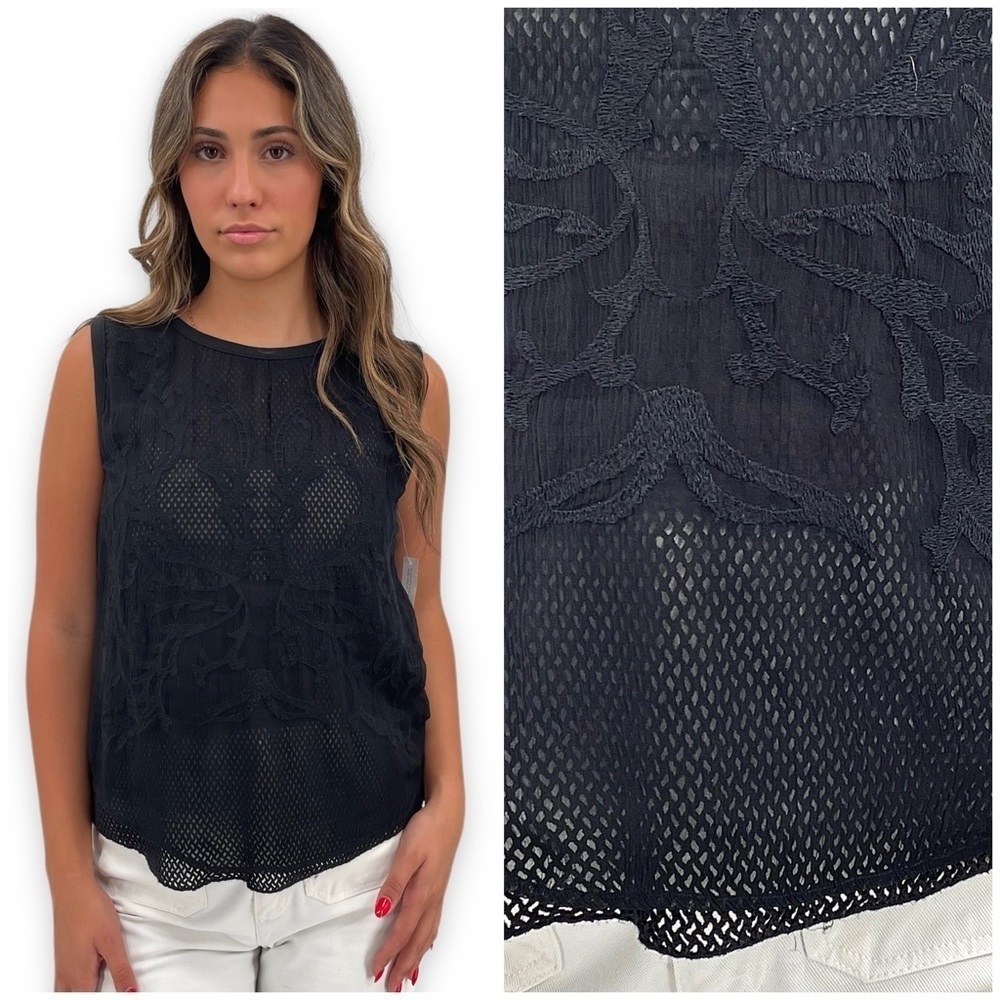 NEW Trouve Sleeveless Top Sheer Mesh Textured Layers Going Out Top Black | XS